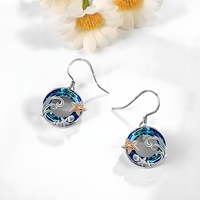 Exquisite Starfish and Shell Pendant Necklace, Blue Crystal Circle Seaside b148