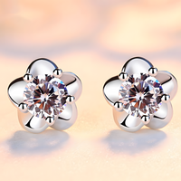 925 Silver-Plated Crystal Flower Stud Earrings Women Vintage Plant Design 1042