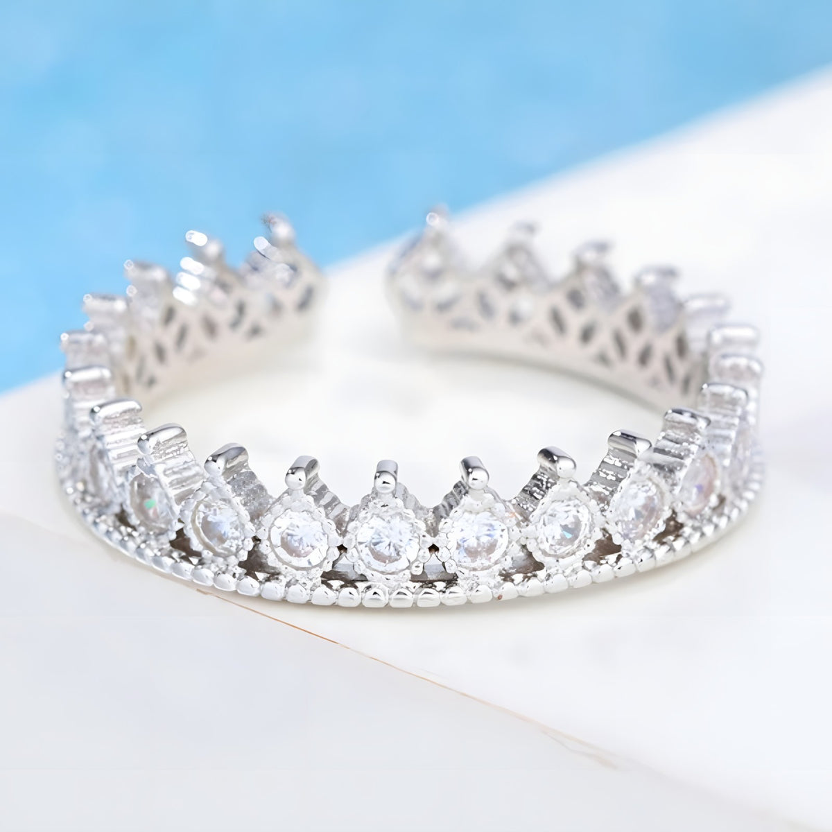925 Sterling Silver Tiara Ring, Adjustable Crown Ring Sparkling CZ Stones 372