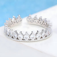 925 Sterling Silver Tiara Ring, Adjustable Crown Ring Sparkling CZ Stones 372