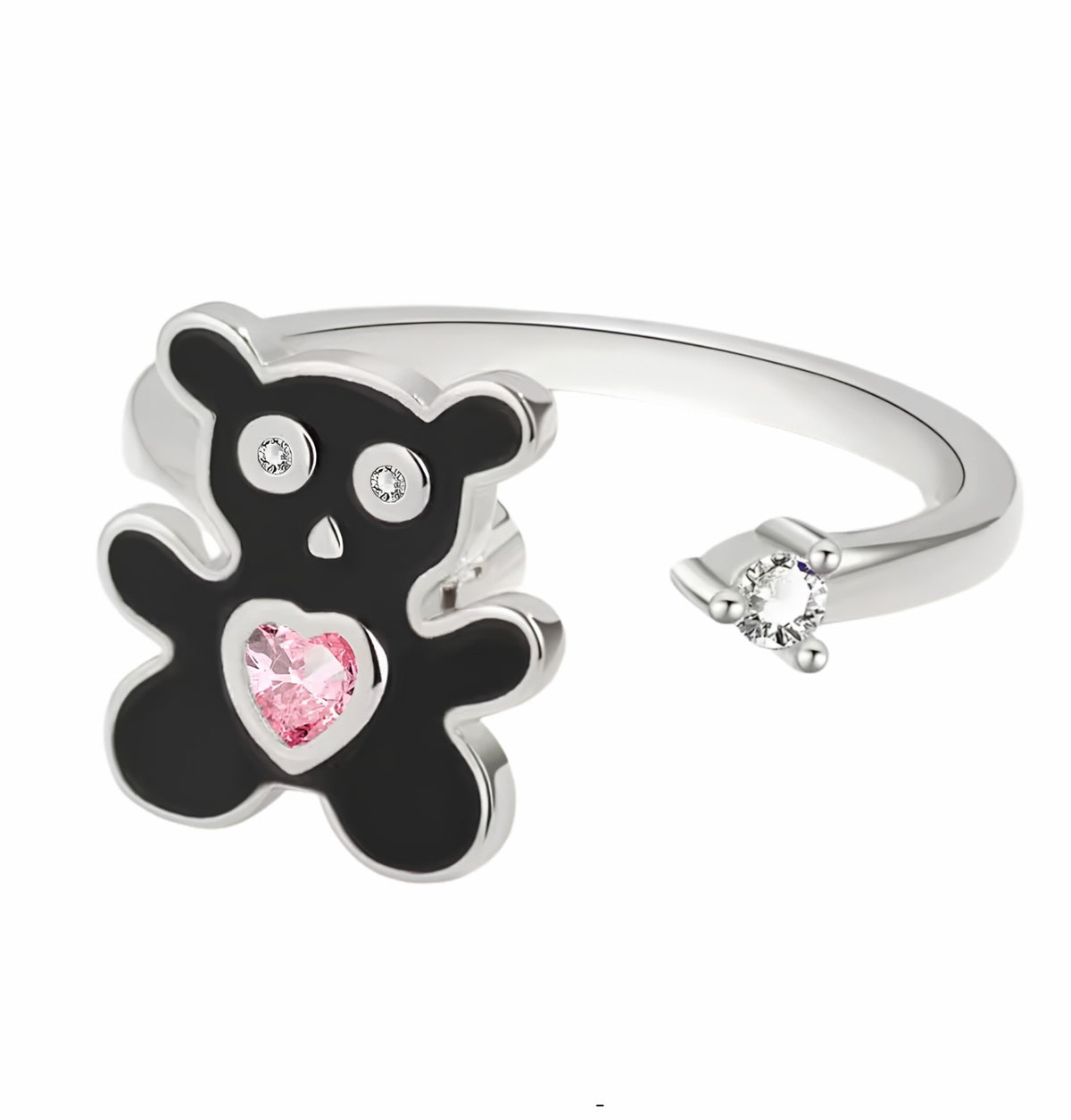 Cute Teddy Bear Open Ring Adjustable Fashion Ring With Pink Heart Crystal 1600