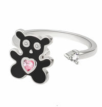 Cute Teddy Bear Open Ring Adjustable Fashion Ring With Pink Heart Crystal 1600