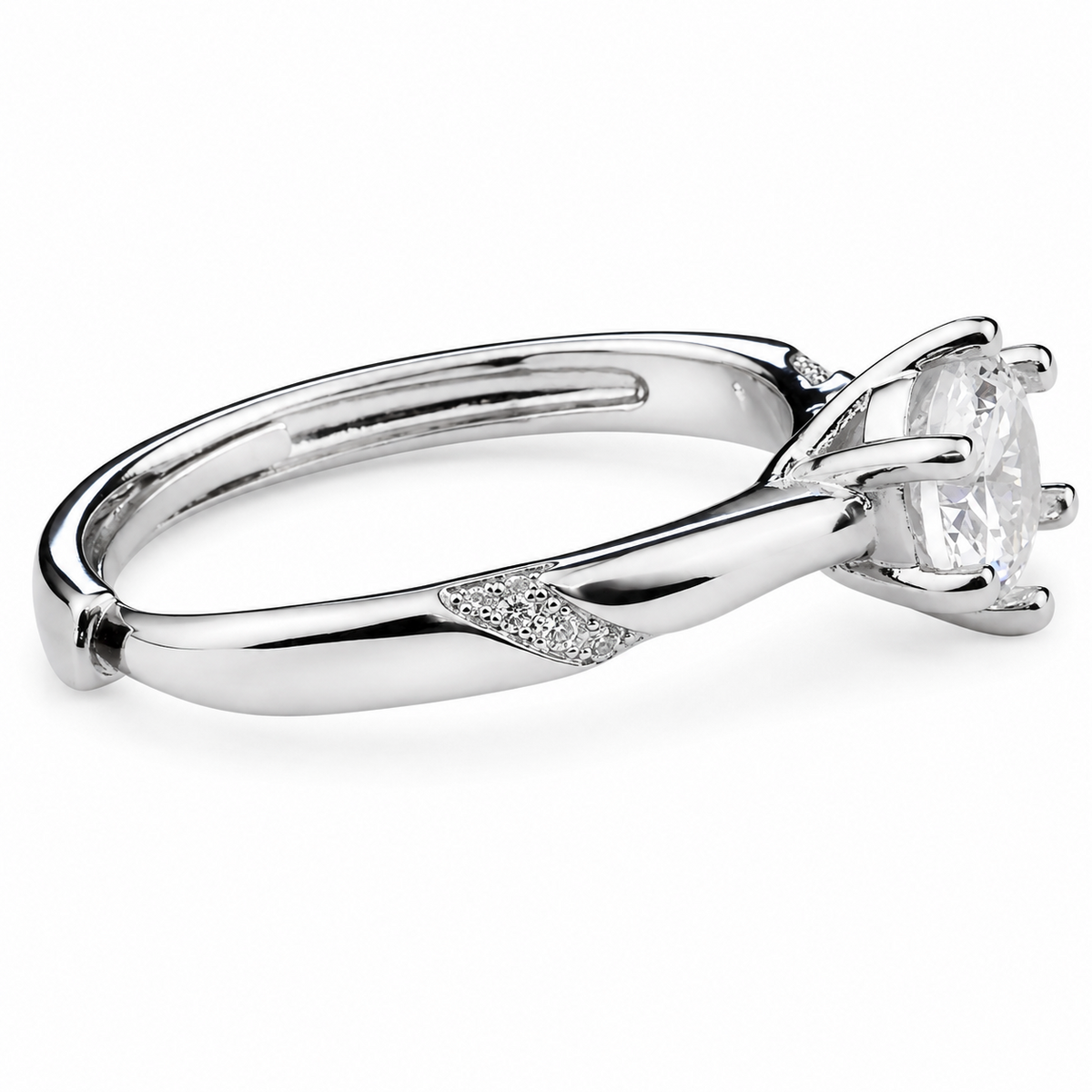 Adjustable Round Brilliant Zircon Engagement Ring, Elegant Twist Shoulder 1617