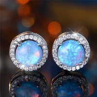 Blue Opal Stud Earrings for Women – Round Halo Cubic Zirconia Design, Copper 999