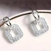 925 Sterling Silver Geometric Hoop Earrings Sparkling CZ Square Drop Hoops 316