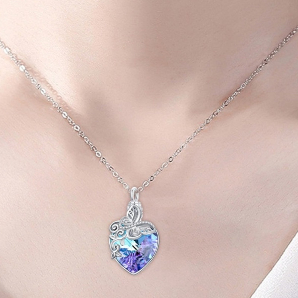 Butterfly Urn Necklace for Ashes - Crystal Heart Memorial Cremation Jewellry B87