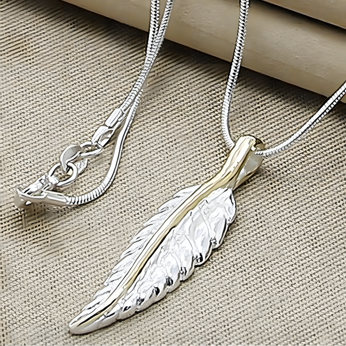 Feather Pendant Necklace 18 Inch Snake Chain - Two Tone Textured Feather 1500