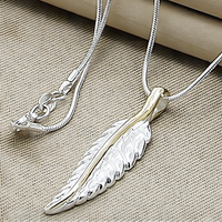 Feather Pendant Necklace 18 Inch Snake Chain - Two Tone Textured Feather 1500