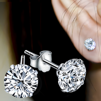 925 Silver-Plated Round Zircon Stud Earrings Women Classic Push Back Crystal 897