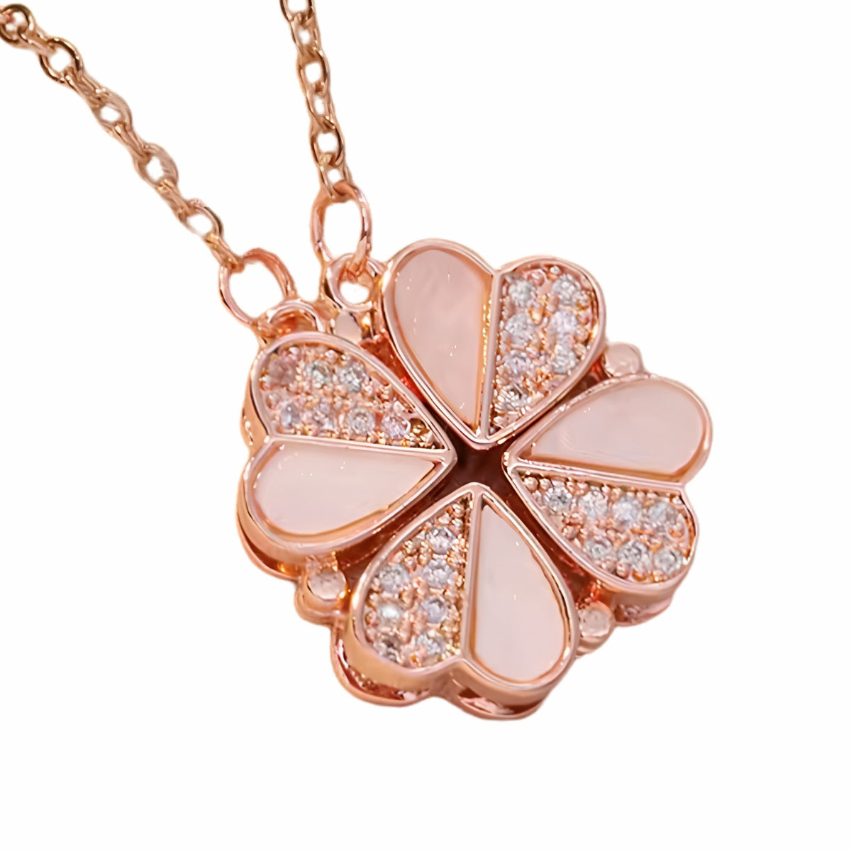 Elegant Rose Gold Four Leaf Clover Necklace For Women Openable Pink Heart 1697
