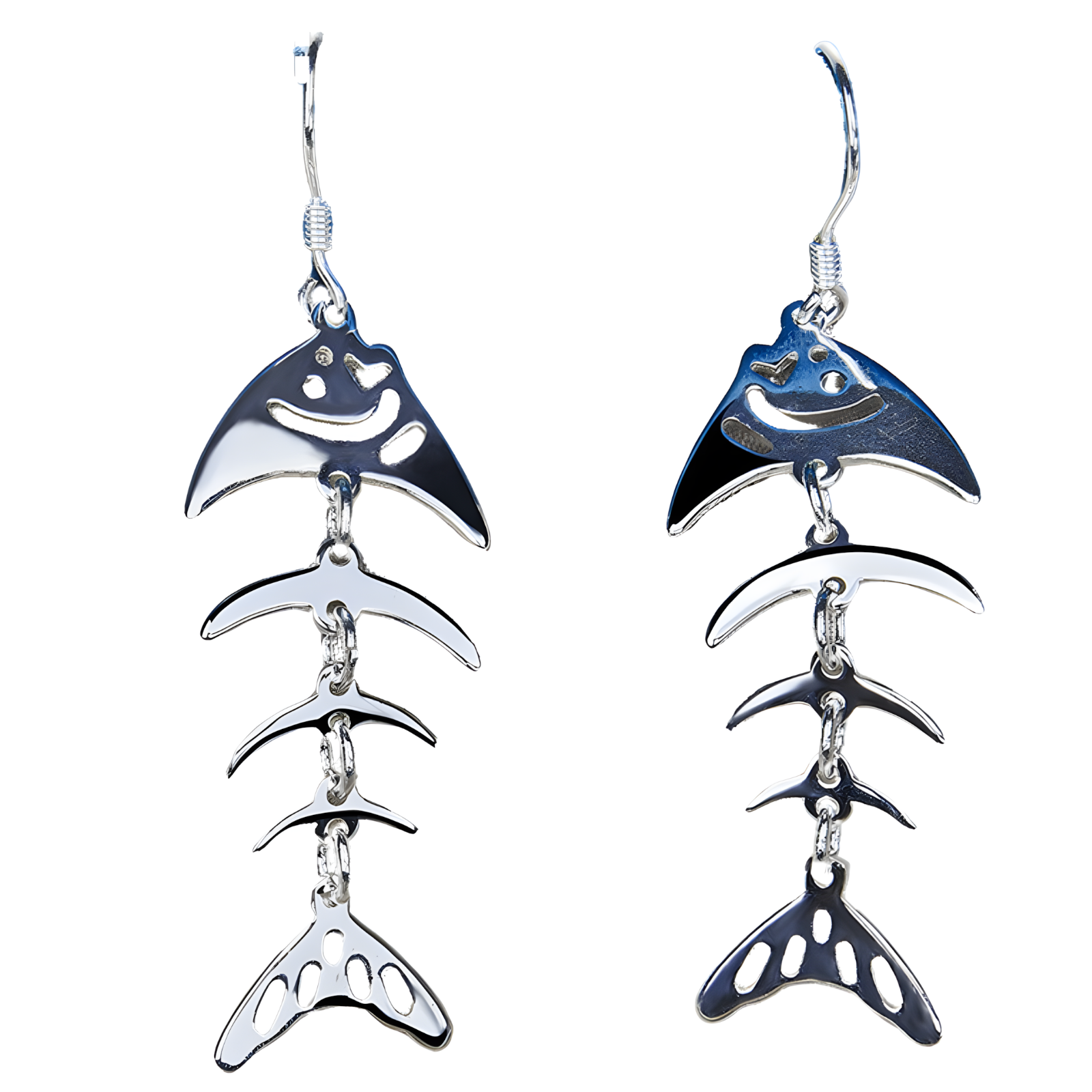 Sterling Silver Fish Skeleton Dangle Earrings - Unique Smiling Fish Jewelry B42
