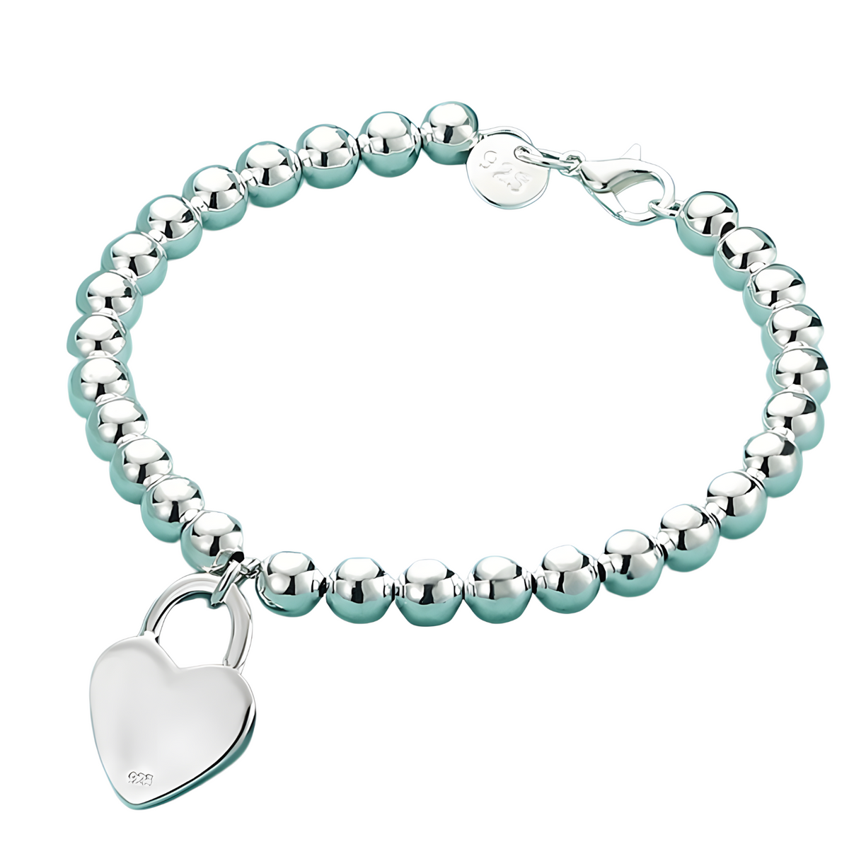 925 Sterling Silver 6MM beads chain charm Heart Pendant Bracelets for Women 1731