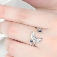 925 Sterling Silver Moon and Star Adjustable Ring Rhinestone Celestial Ring 367