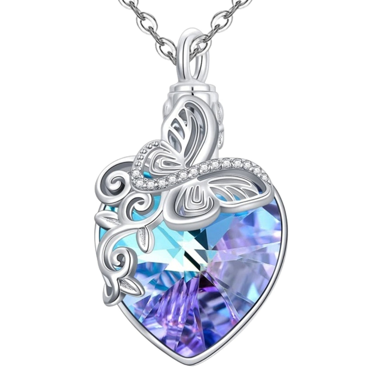 Butterfly Urn Necklace for Ashes - Crystal Heart Memorial Cremation Jewellry B87