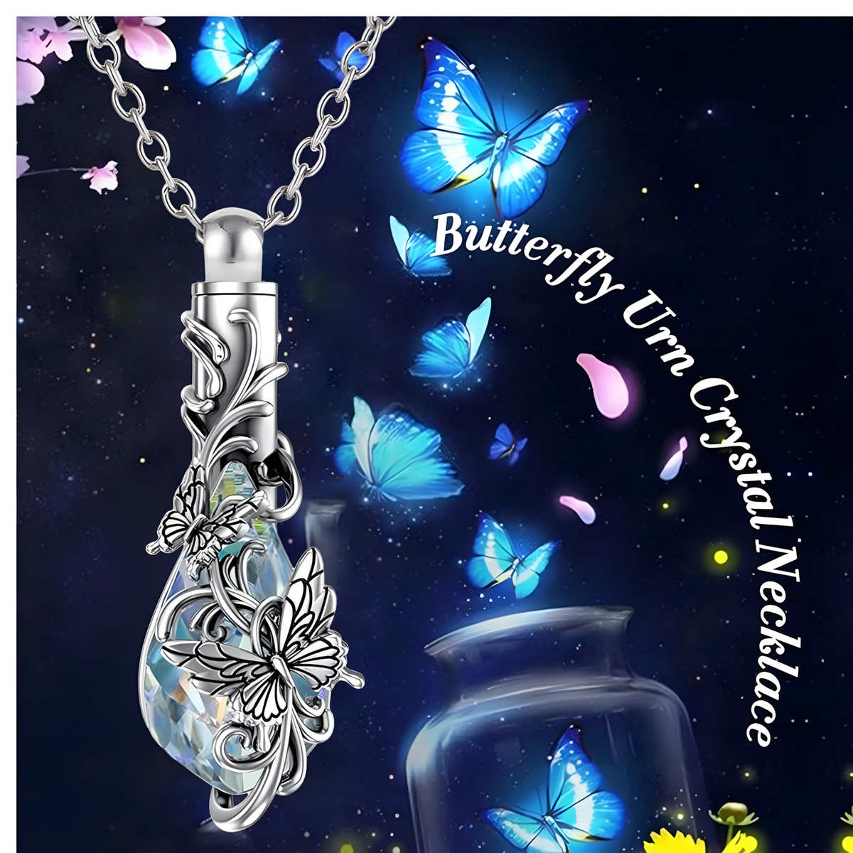Butterfly Urn Cremation Necklace for Ashes Womens Tear Drop Crystal Keepsake B94