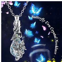 Butterfly Urn Cremation Necklace for Ashes Womens Tear Drop Crystal Keepsake B94