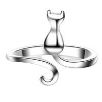 Silver-Tone Plated Copper Alloy Cat Wrap Ring Adjustable Open Band, Minimal 862