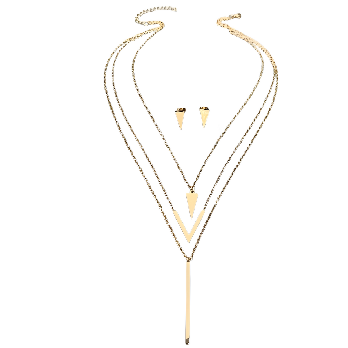 Women Stainless Steel Geometric Pendant Jewellery Set 3 Layer Gold Necklace 675