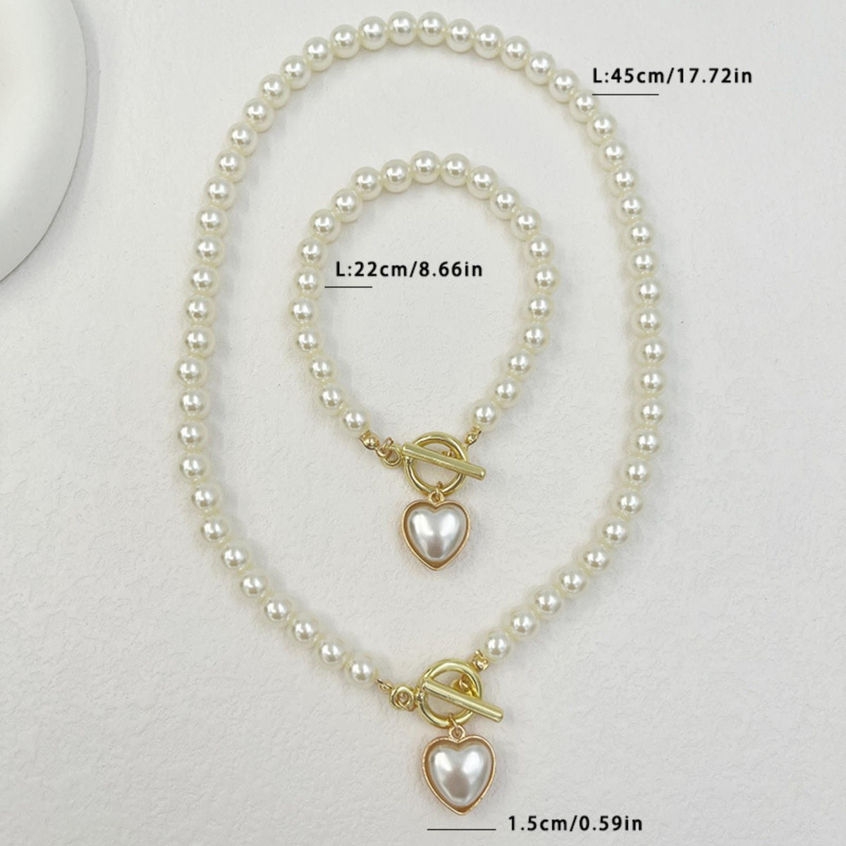 2 PCS Pearl Heart Necklace & Bracelet Set for Women – Simulated Pearl Beaded 708