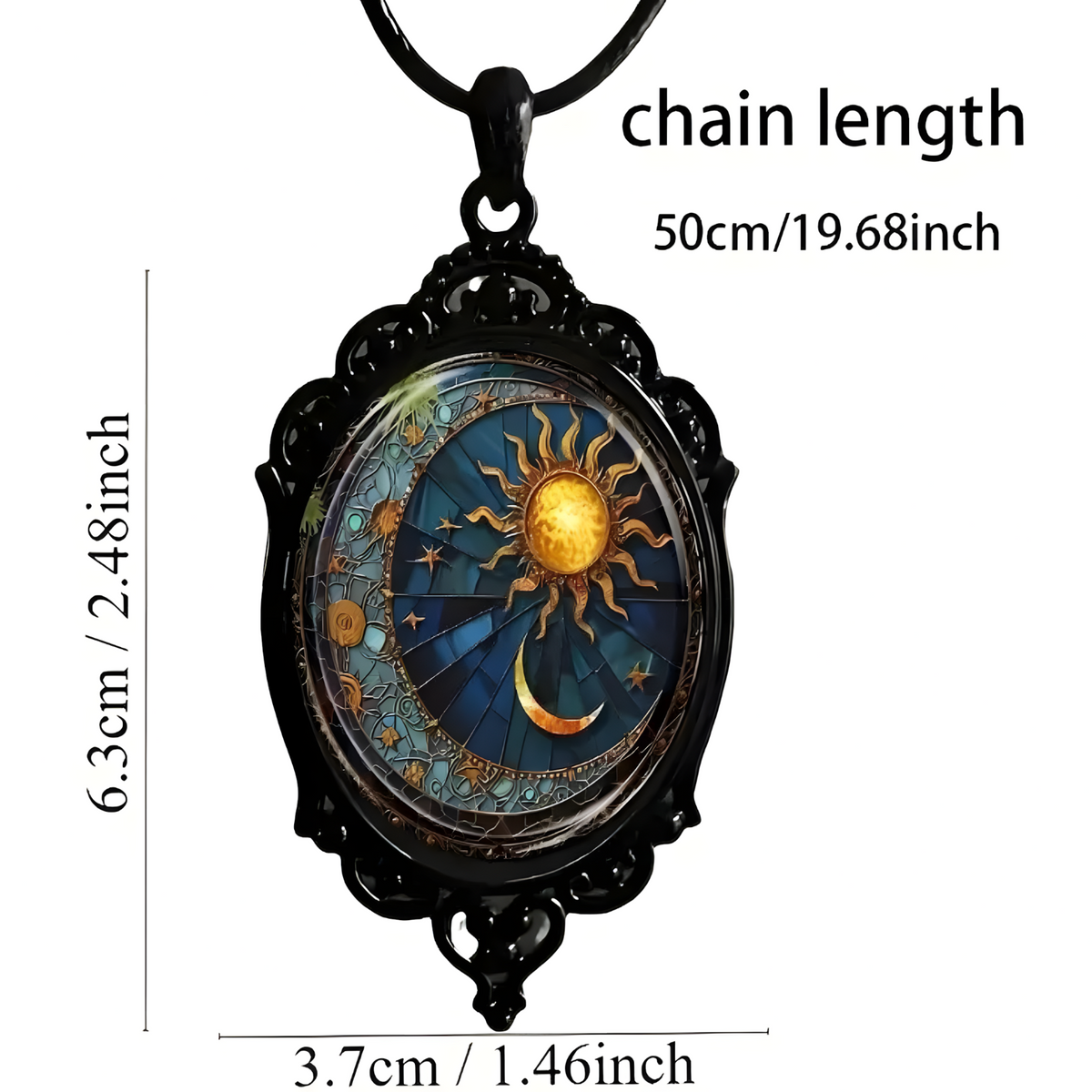 Vintage Sun And Moon Pendant Necklace For Men Women - Black Ornate Frame 1455