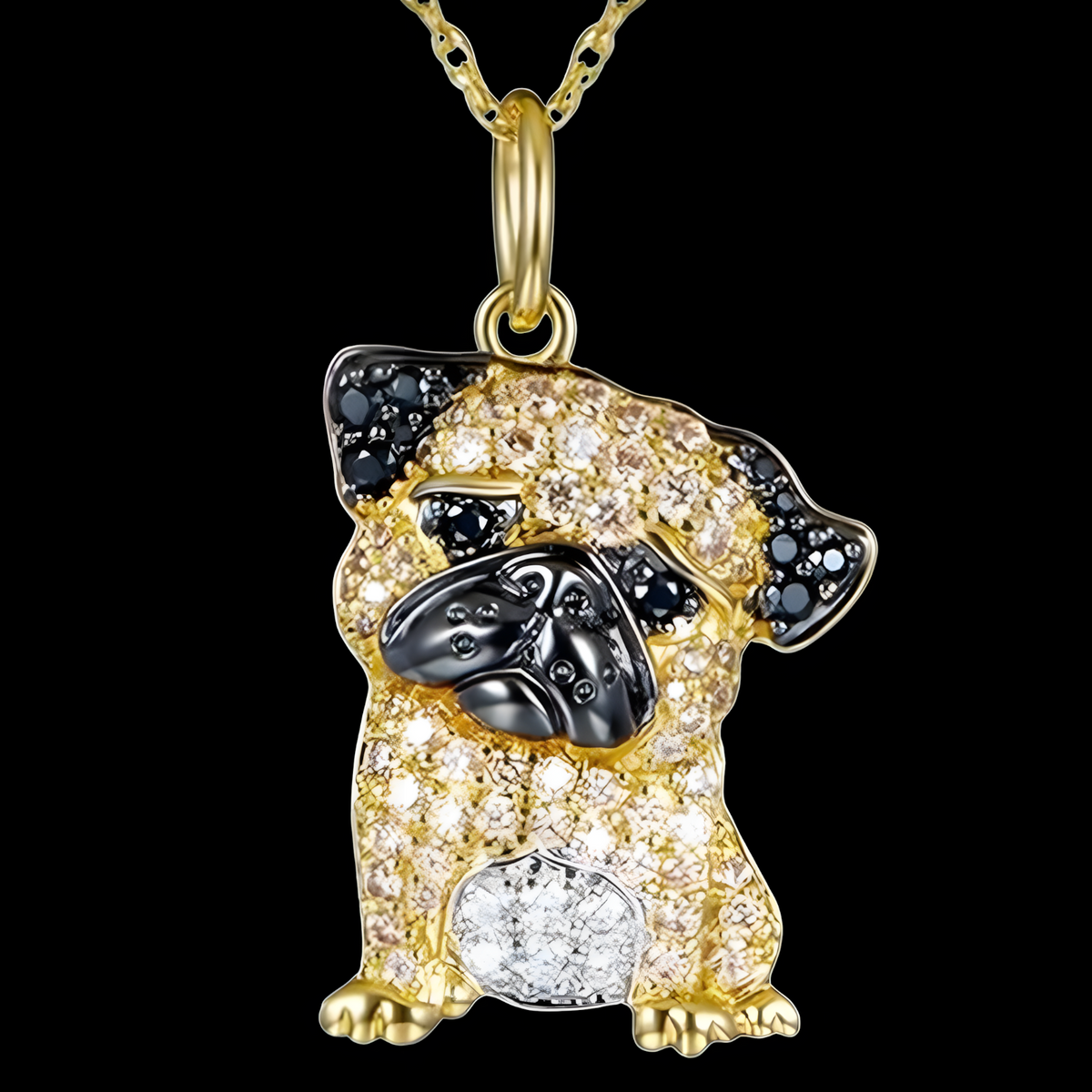 Pug Pendant Necklace — Gold Plated Brass Pendant with Black & Clear Cubic B242