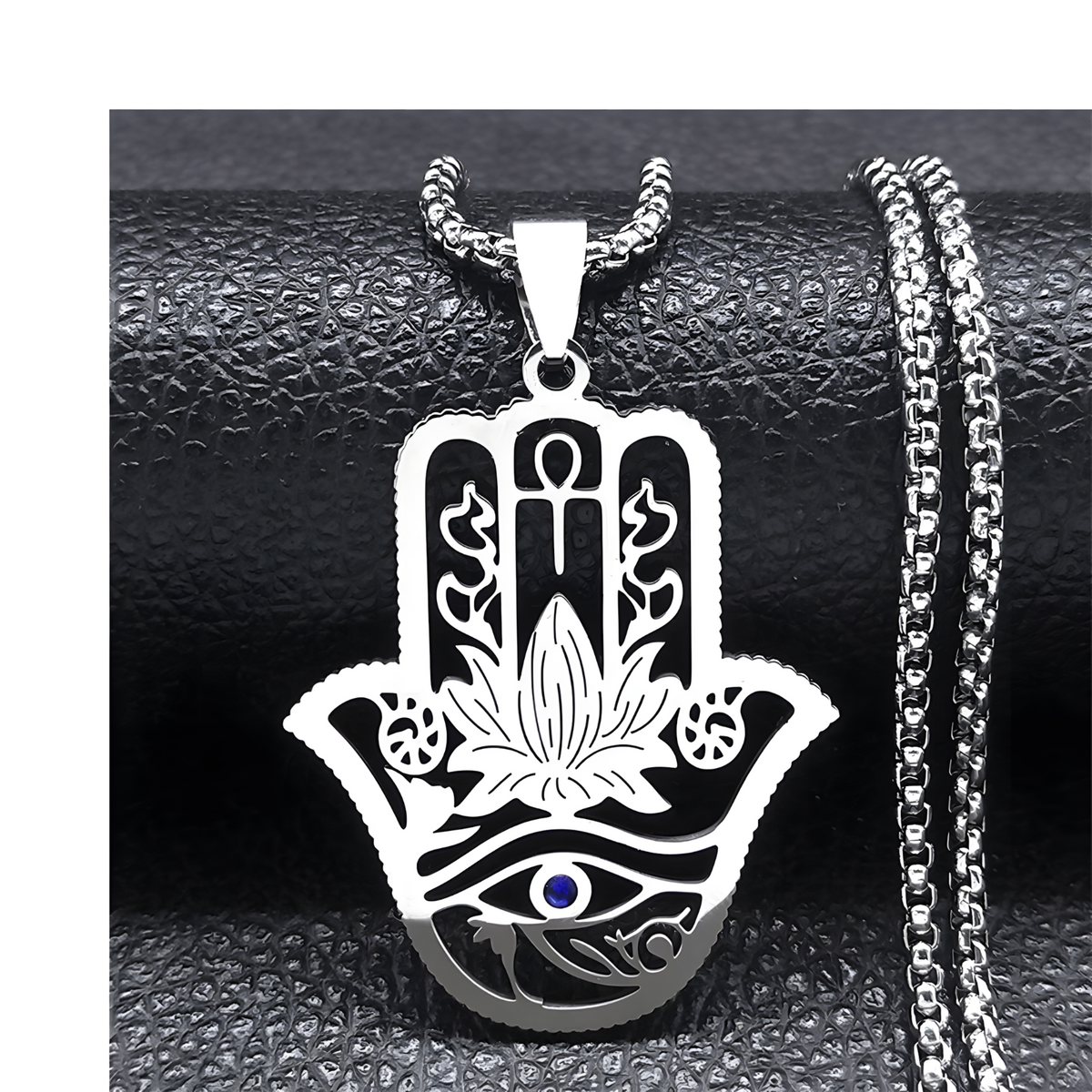Hamsa Hand Lotus Necklace – Stainless Steel Eye Of Horus Pendant, Silver 1089