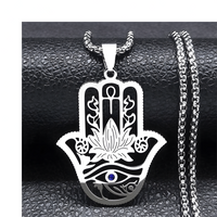 Hamsa Hand Lotus Necklace – Stainless Steel Eye Of Horus Pendant, Silver 1089