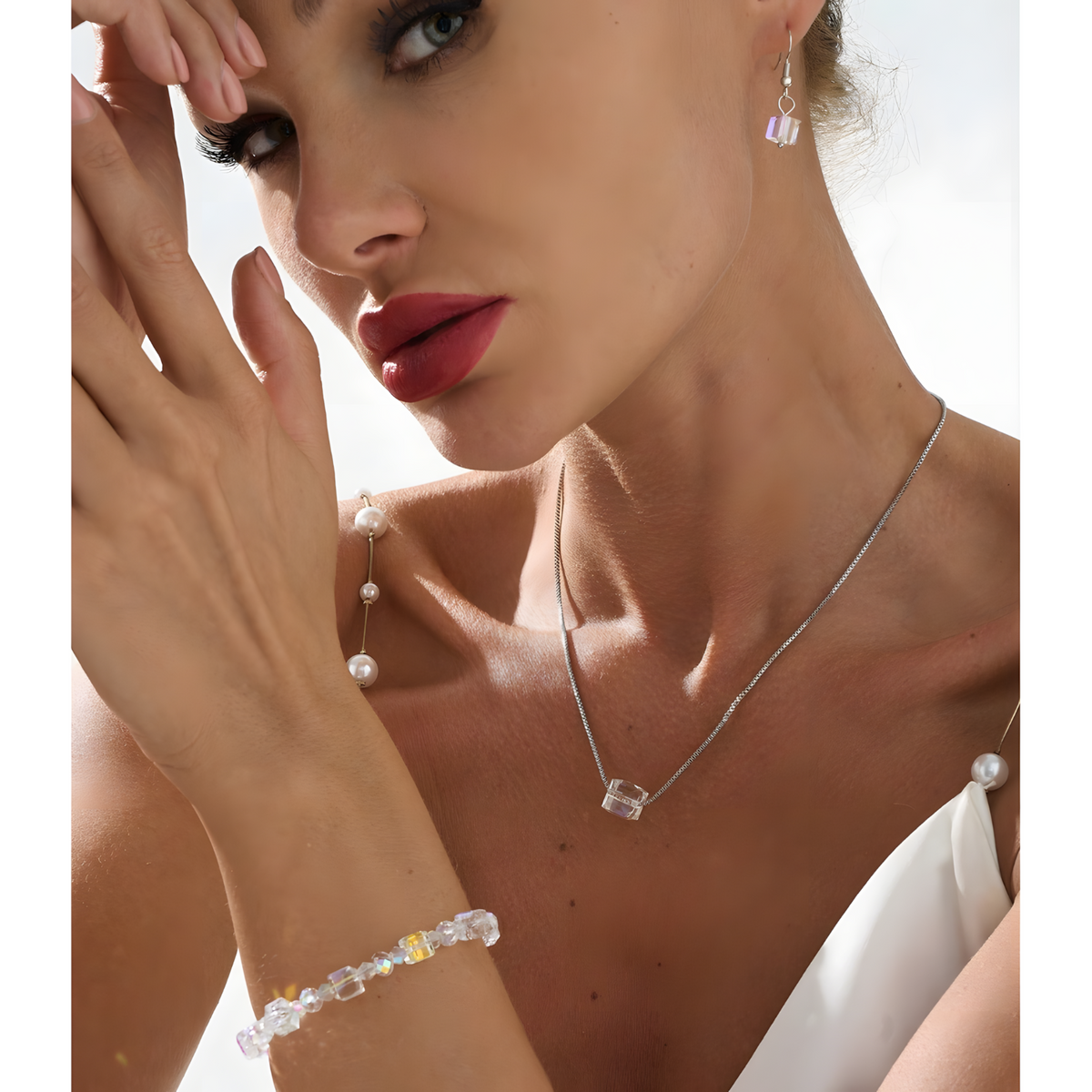 Unified Jewellery 3 Piece Cube Crystal Jewellery Set Women, Aurora Rainbow 1712