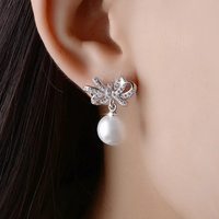 925 Sterling Silver Bow Knot Drop Earrings Pearls - CZ Bow & Pearl Dangle 351