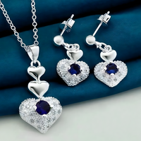 Silver Plated Copper Alloy Heart Jewellery Set For Women, Blue Rhinestone 1706