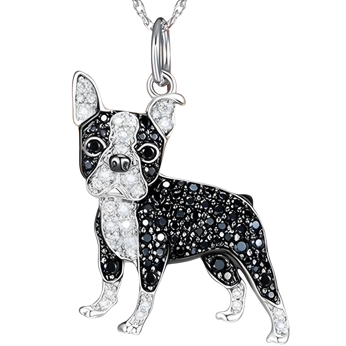Boston Terrier Pendant Necklace, MultiTone Rhodium & Black-Plated Stainless B252