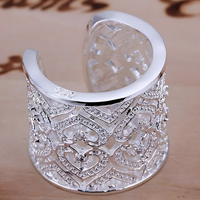 Silver Plated Alloy Wide Filigree Open Cuff Ring Women, Adjustable Resize 1195