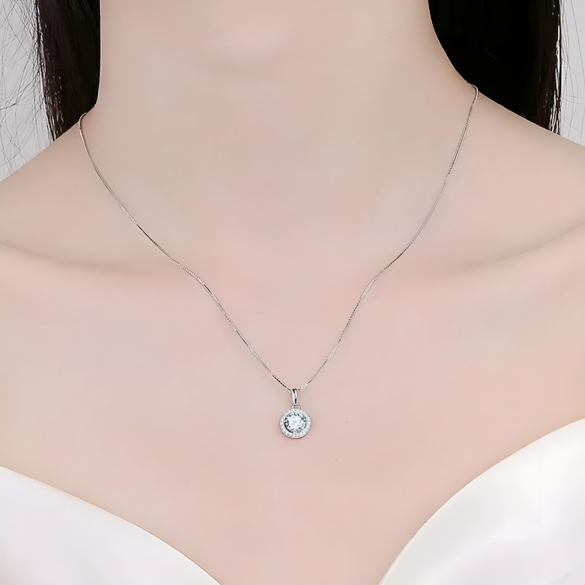 Sterling Silver Box Chain Necklace with Brilliant Zirconia Pendant Versatile 258
