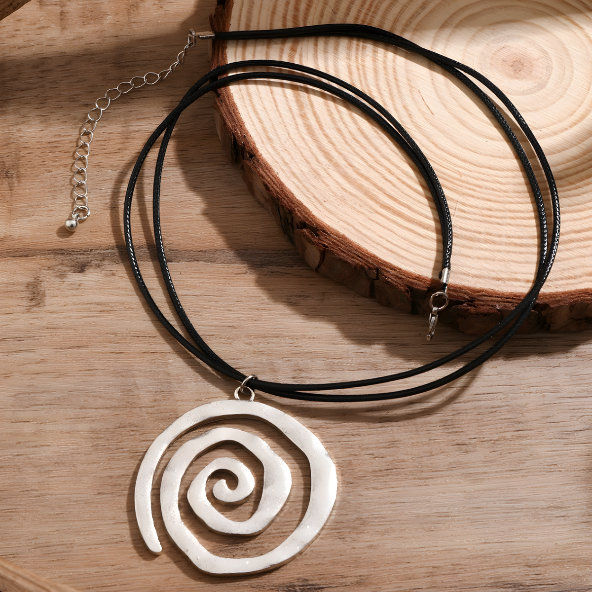 Spiral Pendant Necklace - Rhodium-Plated Base Metal Spiral Charm on Black 1492