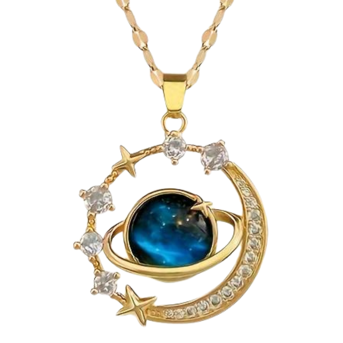 Gold-Plated Starry Planet Moon Pendant Necklace, Stainless Steel Celestial 152