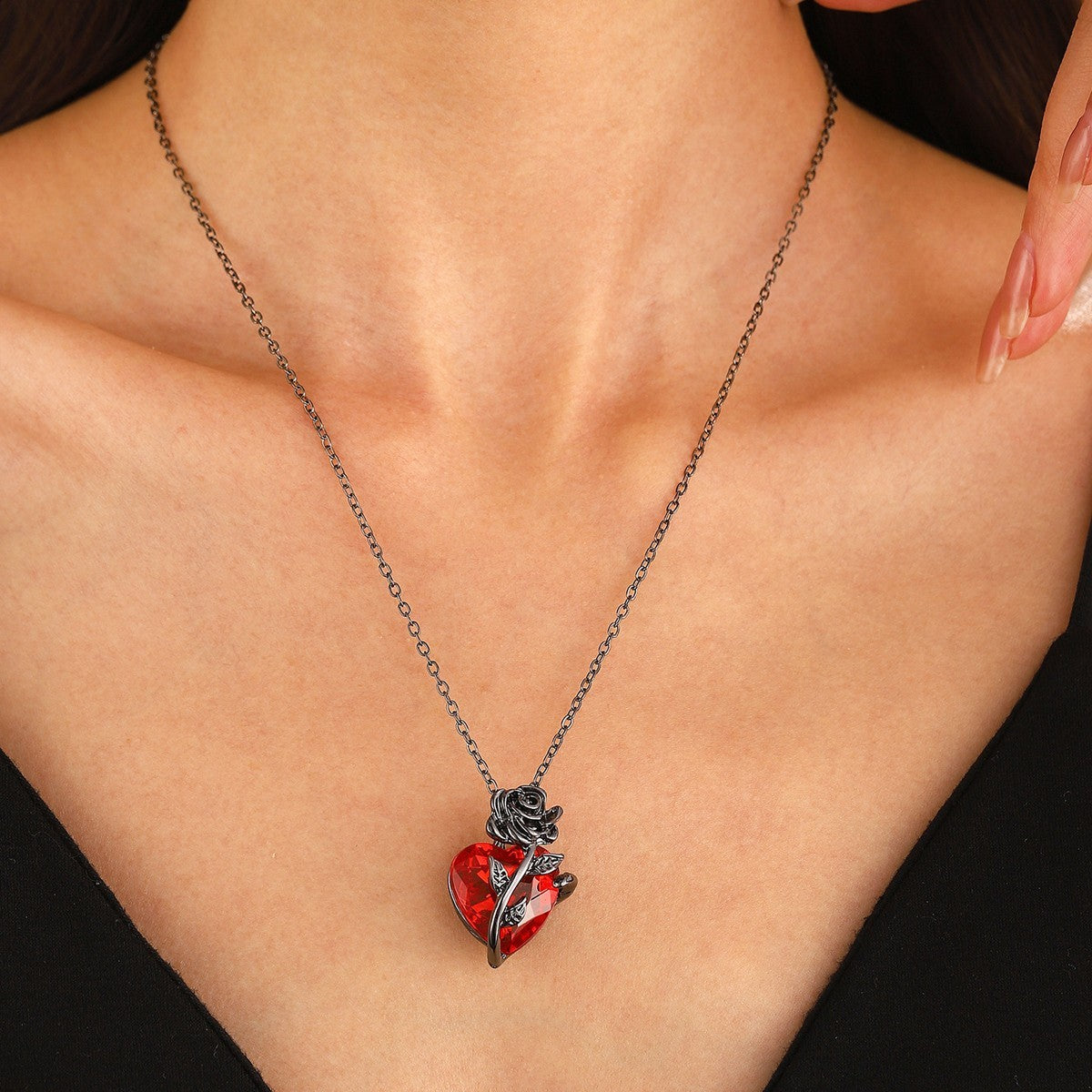 Womens Red Heart Rose Pendant Necklace-Black Rhodium-Plated Alloy, Faceted 1315