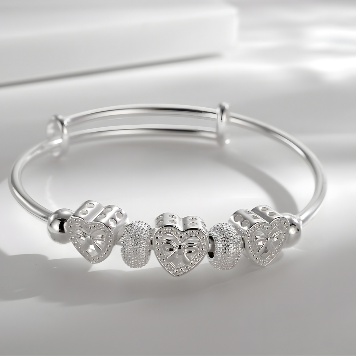 Heart Bow Charm Bangle for Women - Adjustable Polished Bracelet Three Heart 1816
