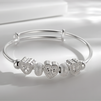 Heart Bow Charm Bangle for Women - Adjustable Polished Bracelet Three Heart 1816
