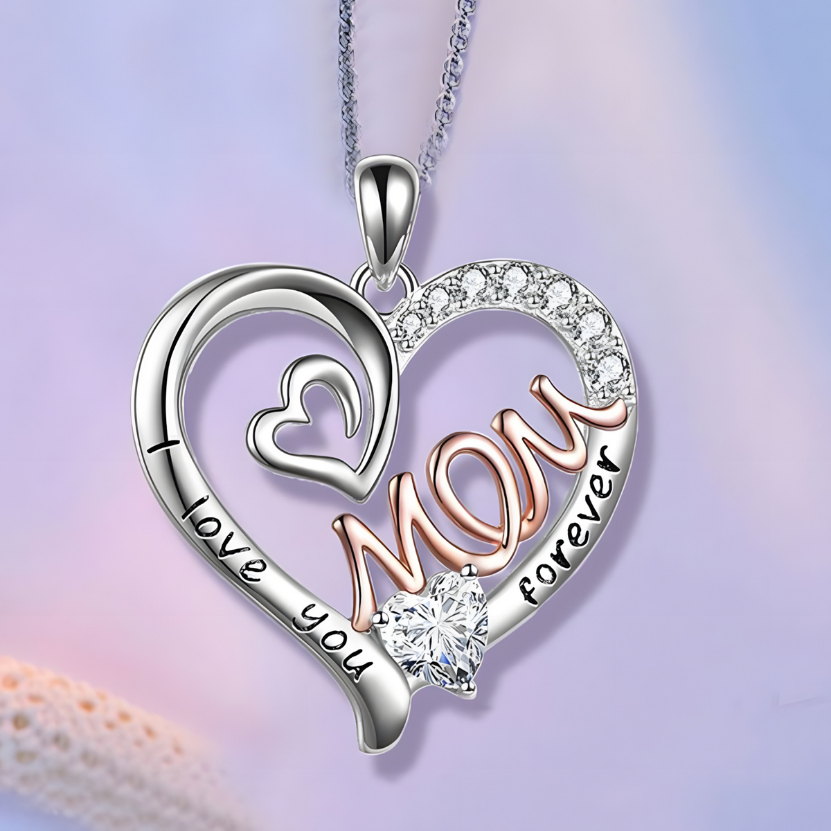 Mothers Heart Necklace Two-Tone 'I Love You Mom Forever' Pendant White Gold B174