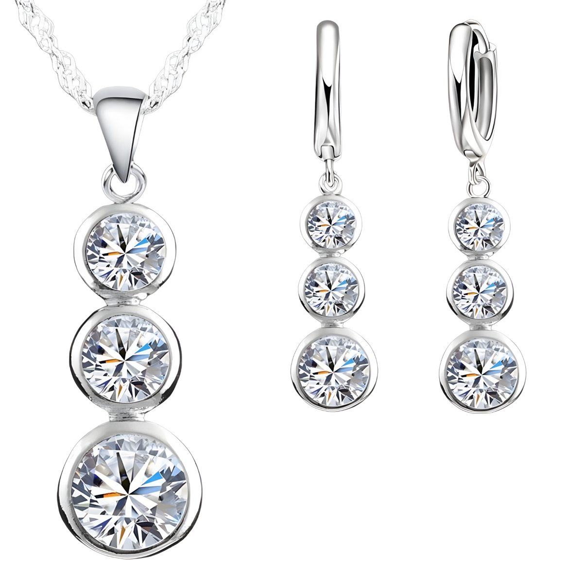 Cubic Zirconia Jewellery Set for Women – Silver-Plated Copper Alloy 3-Stone 1199