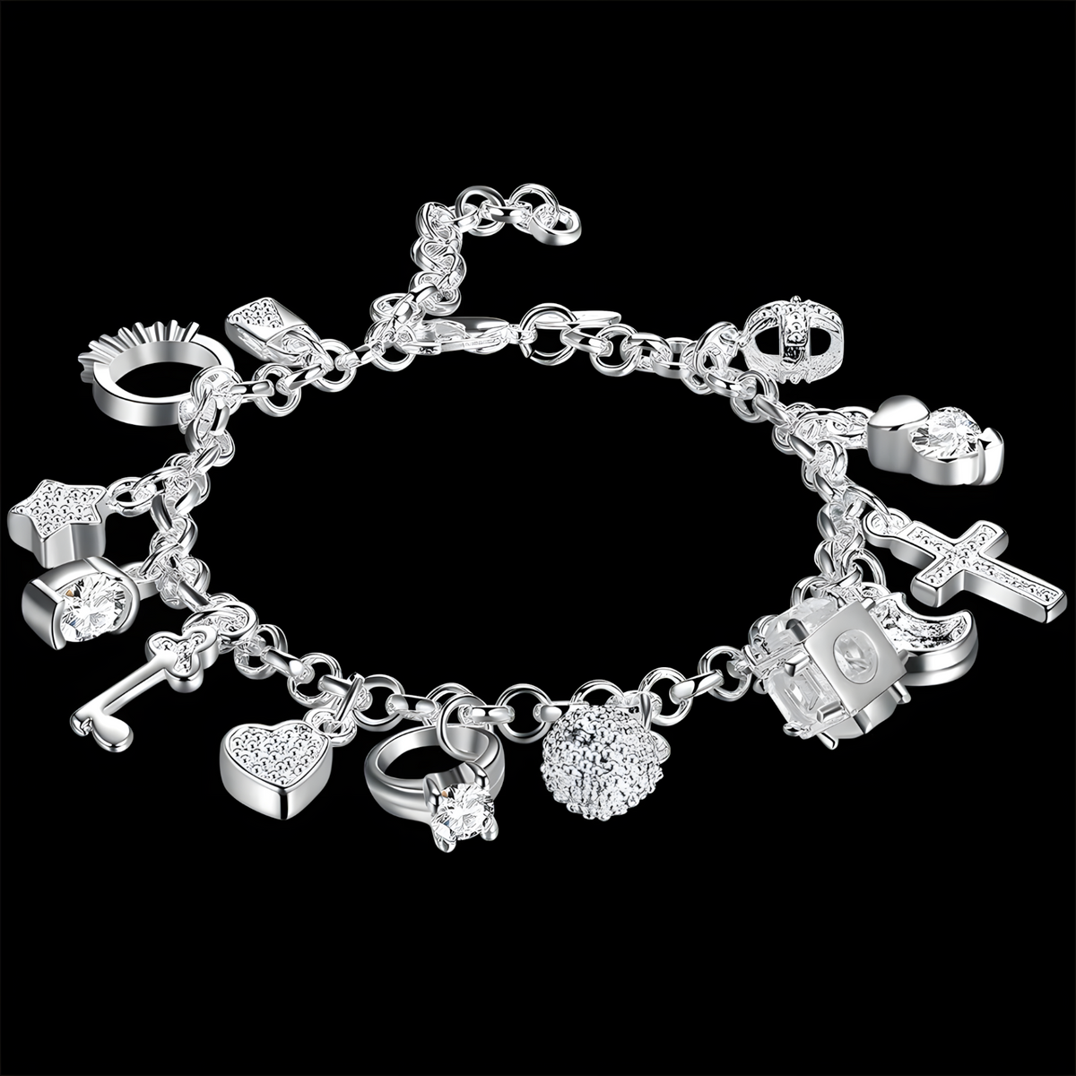 Charm Bracelet For Women With Heart Crown Cross Ring Star Round Link Chain 1762
