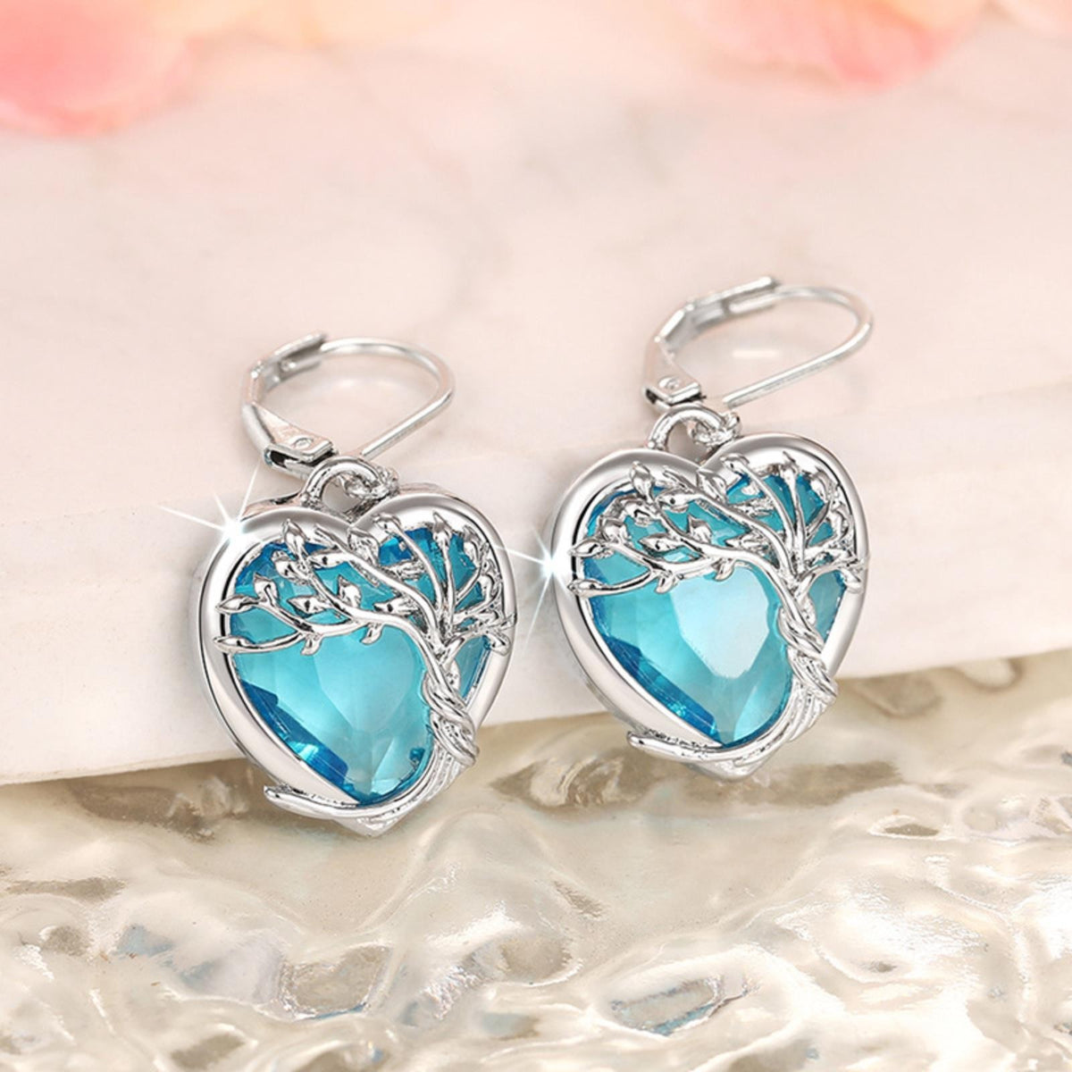 Heart-Shaped Tree of Life Drop Earrings with Blue Crystal Sterling Silver 743