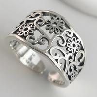 925 Sterling Silver Floral Adjustable Ring, Wide Openwork Flower Statement 1883