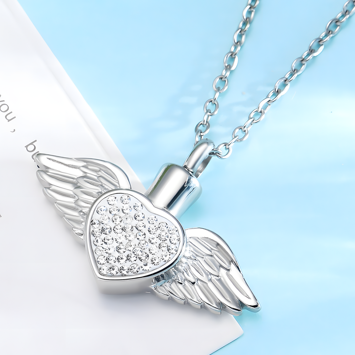 Angel Wing Heart Urn Necklace Ashes – Rhinestone Memorial Pendant,Cremation 1231