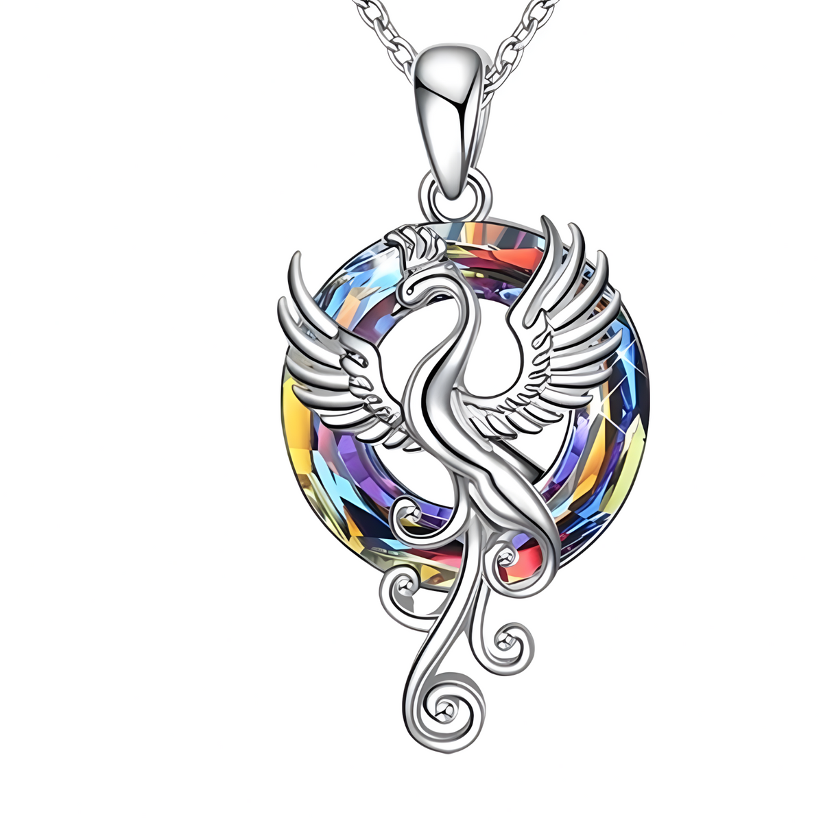 Stainless Steel Phoenix Pendant Necklace Women, Multicolor Crystal Circle 1256