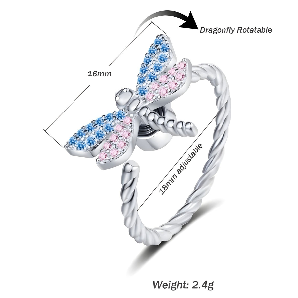 Dragonfly Fidget Spinner Ring, Adjustable Anxiety, Rotating Dragonfly, Blue 378