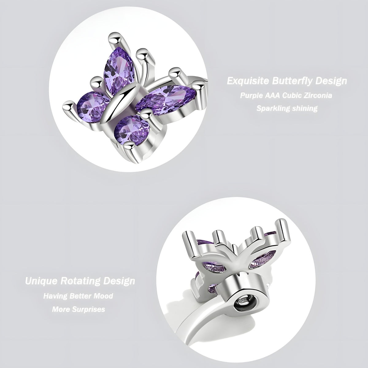 Adjustable Butterfly Spinner Ring 925 Sterling Silver Style, Rotating Purple 371