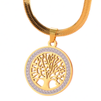 Gold Tree of Life Necklace for Women –Stainless Steel Round Pendant Crystal 1087