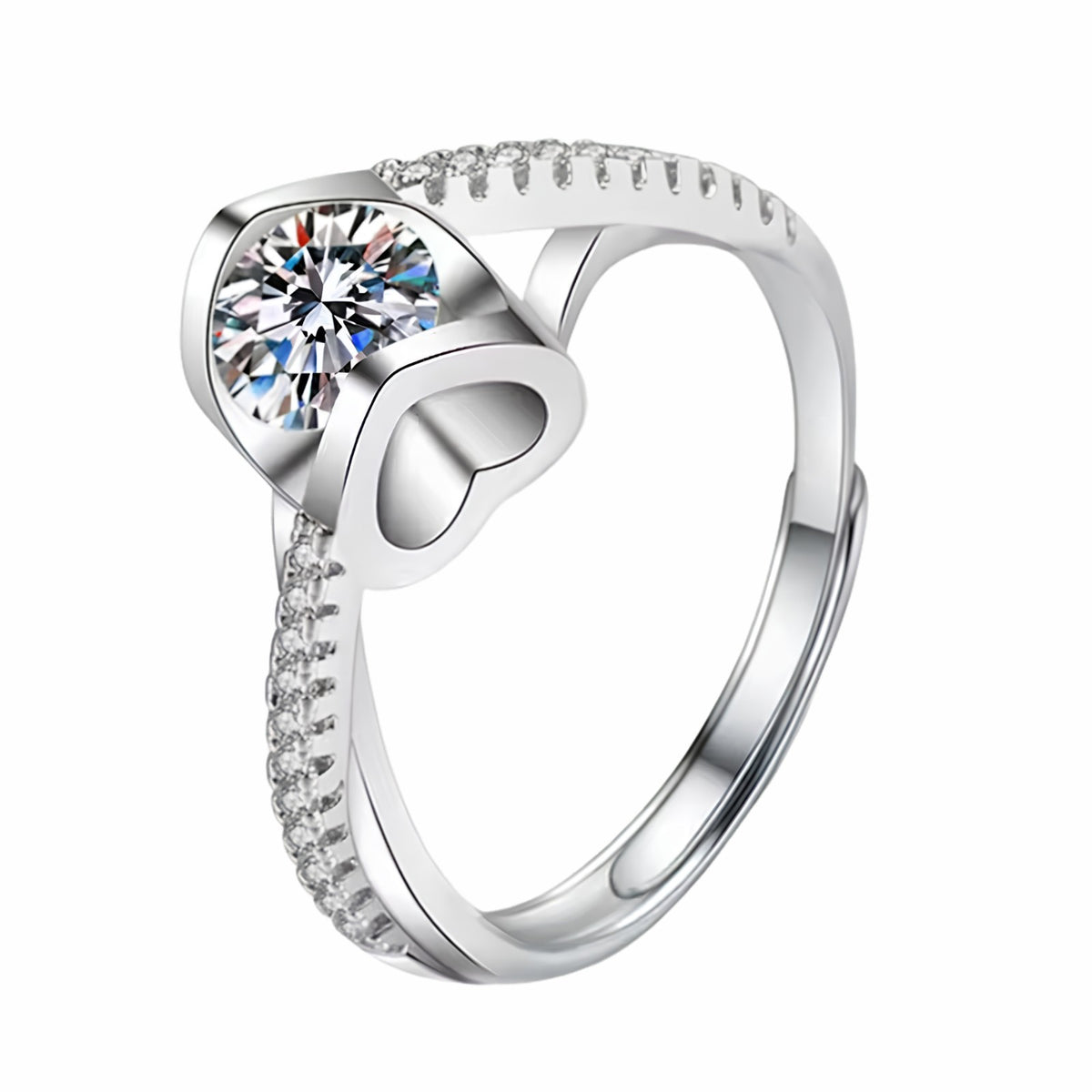 Women's Adjustable Heart Accent Zircon Engagement Ring, Round Brilliant 1635