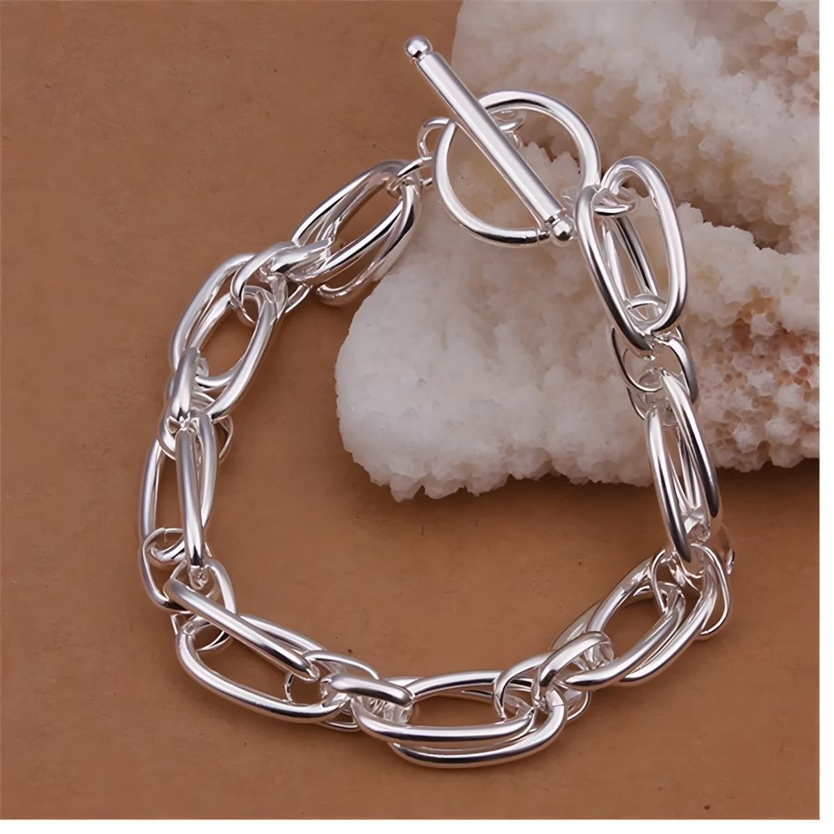 925 Sterling Silver Double Link Chain Toggle Clasp Bracelet for Women 445
